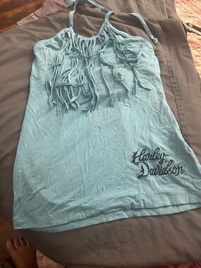 Harley-Davidson Teal Fringe Halter Tank with Script Logo